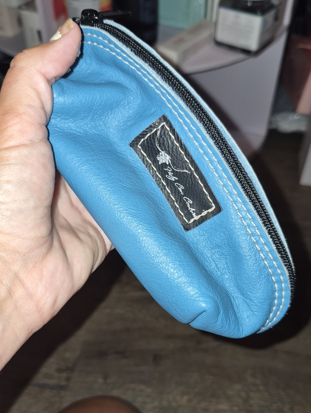Holy Cow Couture Blue Leather Zip Pouch with Contrast Stitching